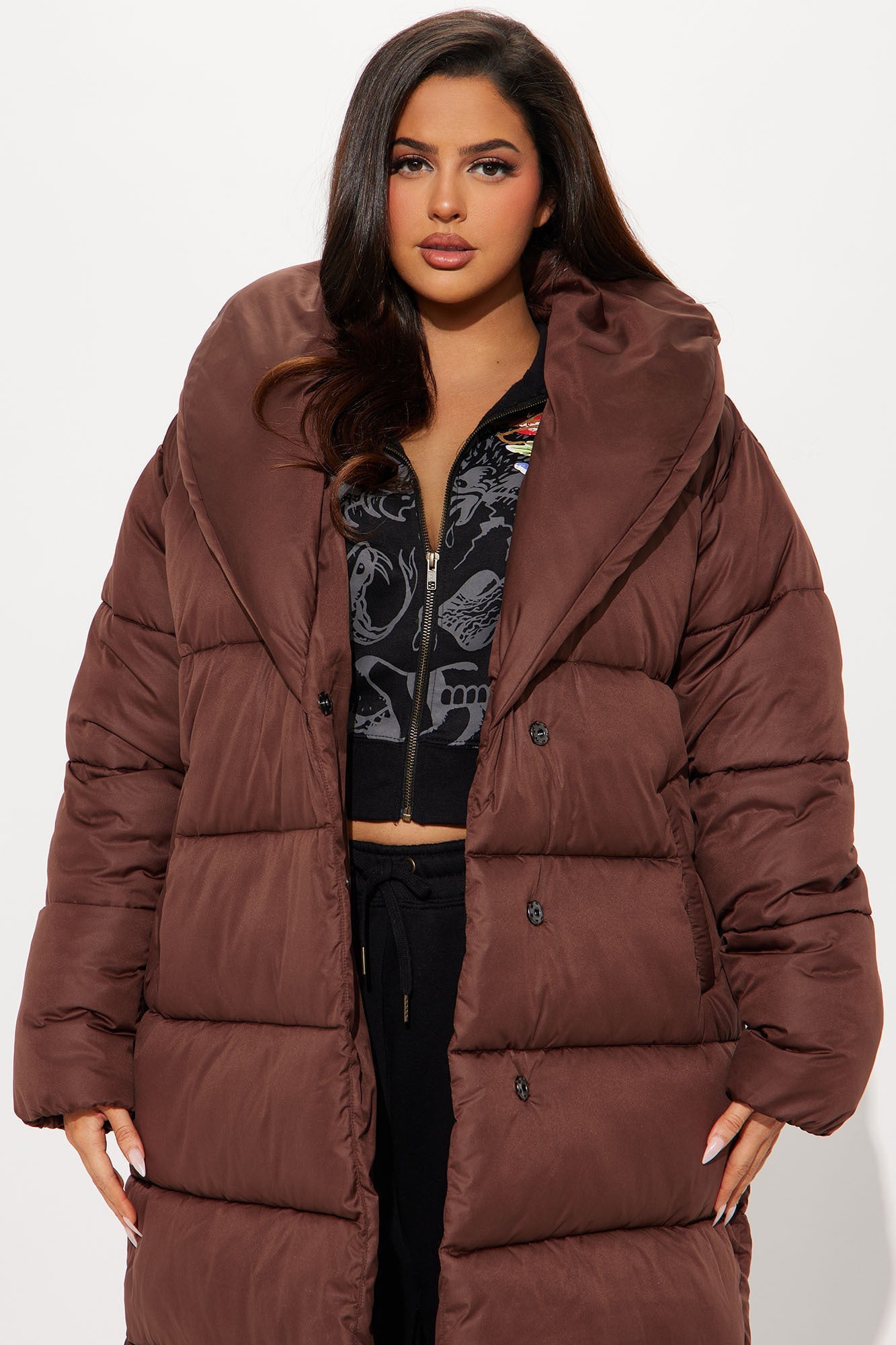 Hold You Down Oversized Long Puffer - Chocolate