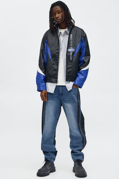 Colorblock Racer Faux Leather Bomber Jacket - Black