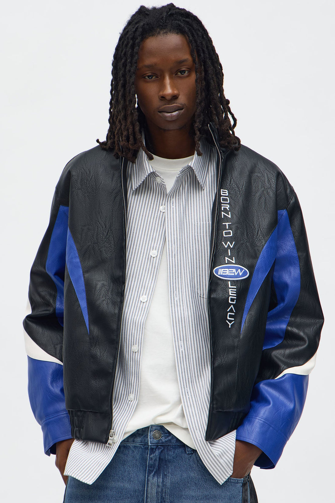 Colorblock Racer Faux Leather Bomber Jacket - Black