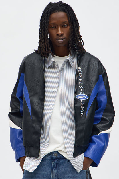Colorblock Racer Faux Leather Bomber Jacket - Black