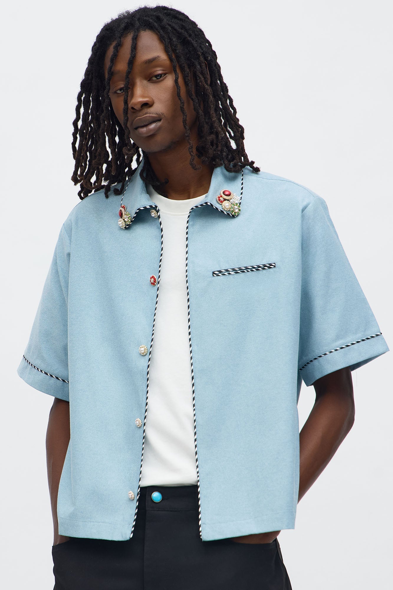 Threaded Gems Button Up Shirt - Light Blue