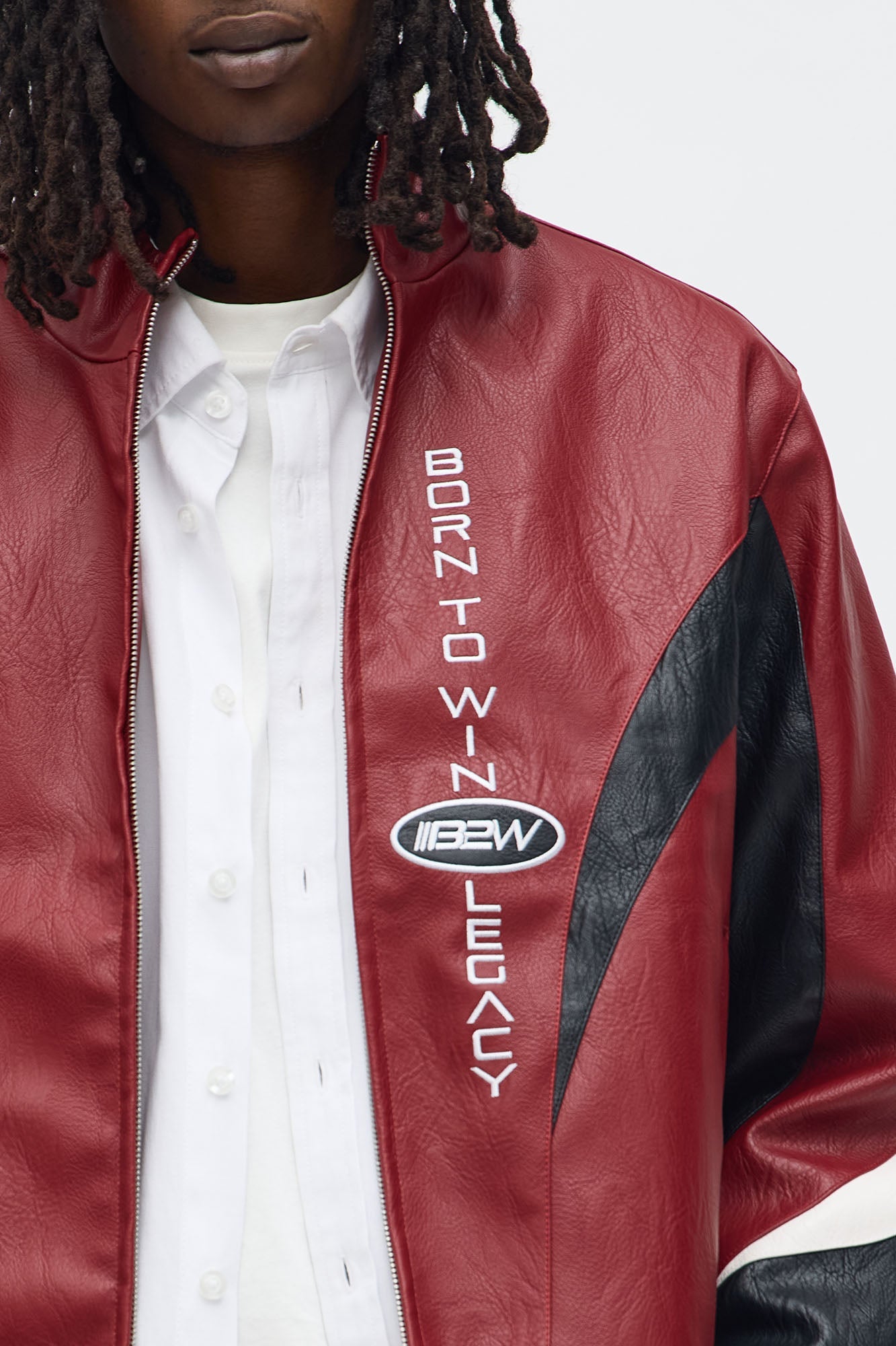 Colorblock Racer Faux Leather Bomber Jacket - Burgundy
