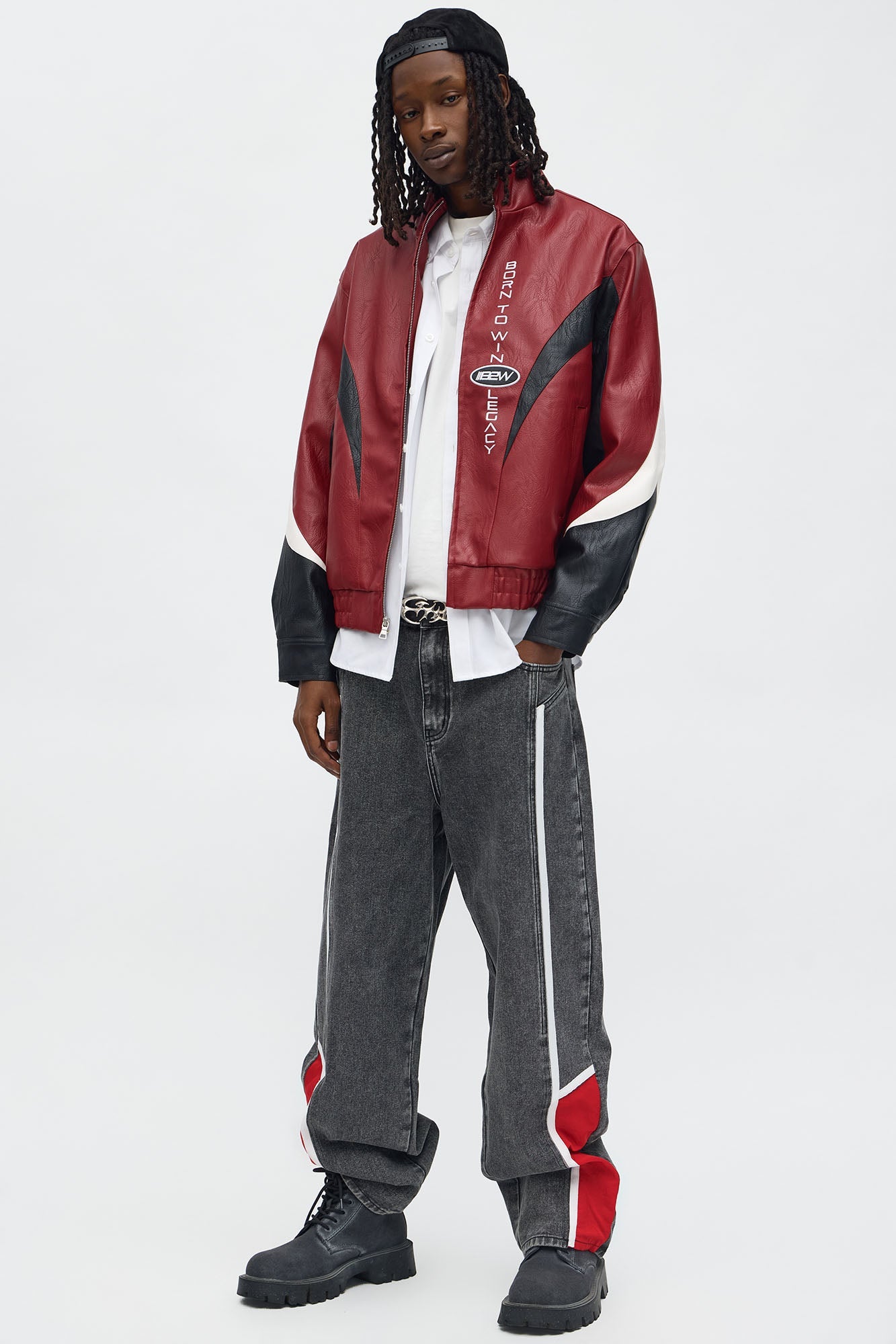 Colorblock Racer Faux Leather Bomber Jacket - Burgundy