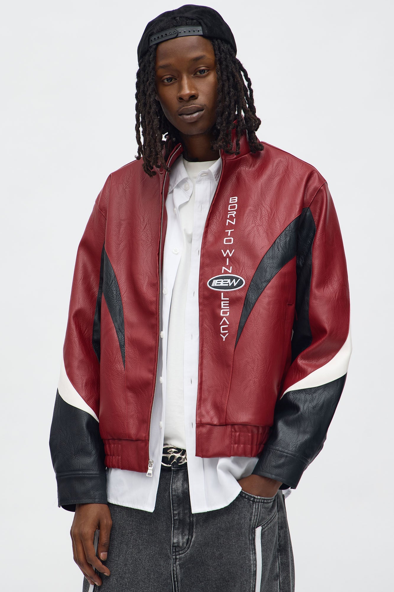 Colorblock Racer Faux Leather Bomber Jacket - Burgundy