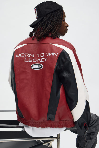 Colorblock Racer Faux Leather Bomber Jacket - Burgundy