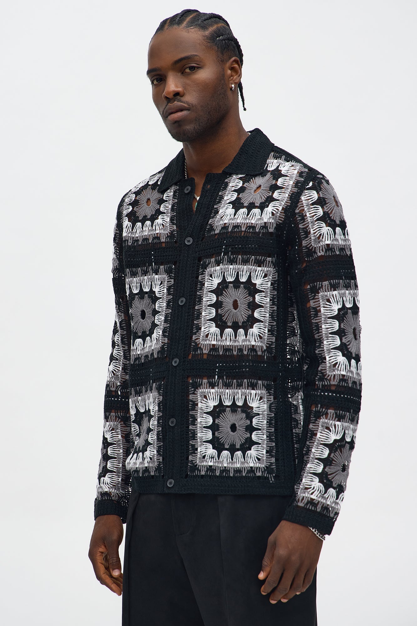 Crochet Stay Button Up Shirt - Black