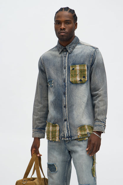 Sohail Distressed Denim Shirt - Vintage Blue Wash