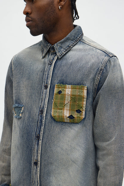 Sohail Distressed Denim Shirt - Vintage Blue Wash