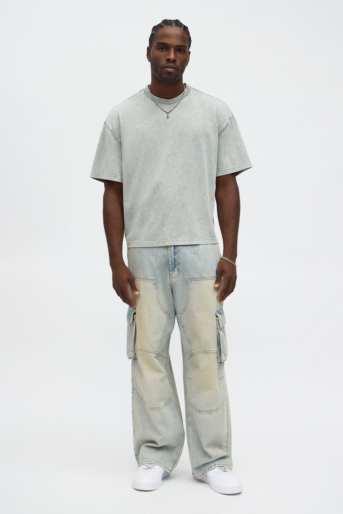 Tinted Acid Wash Boxy Cropped Heavyweight Short Sleeve Tee - Sage