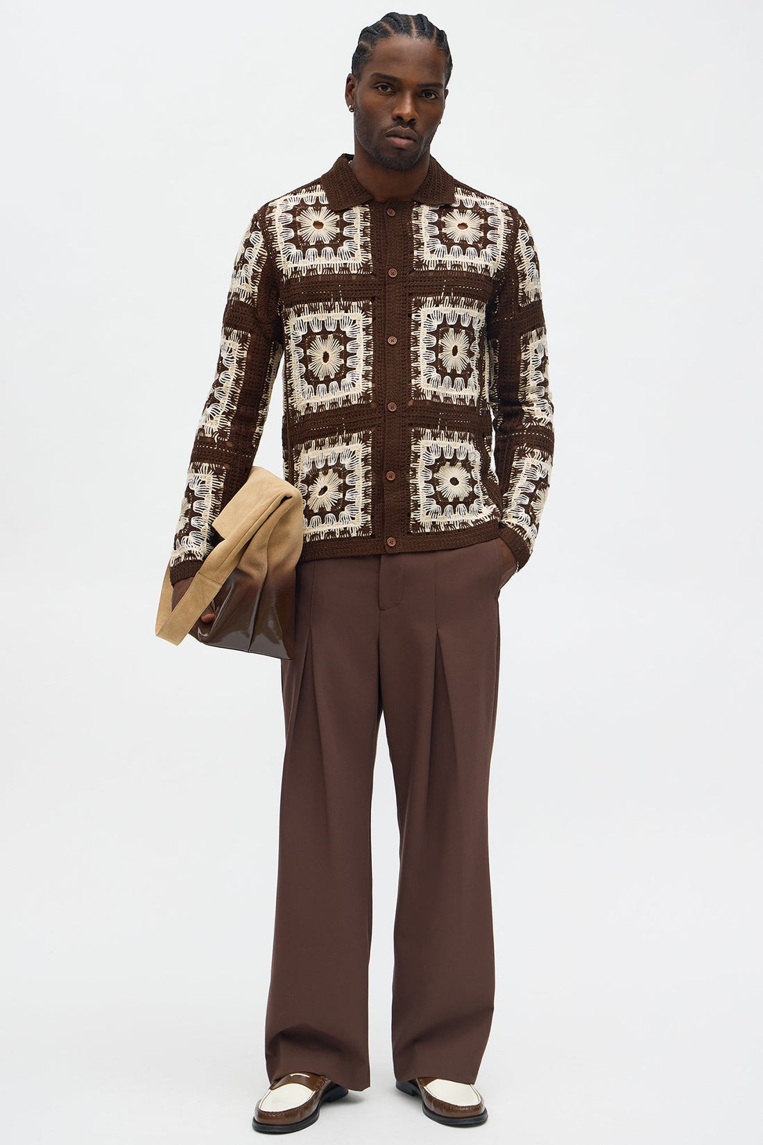 Crochet Stay Button Up Shirt - Brown