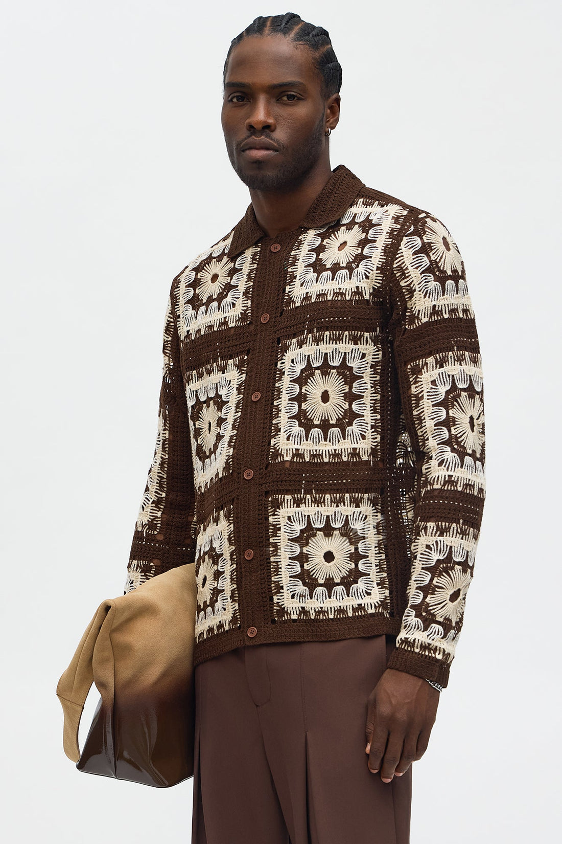 Crochet Stay Button Up Shirt - Brown