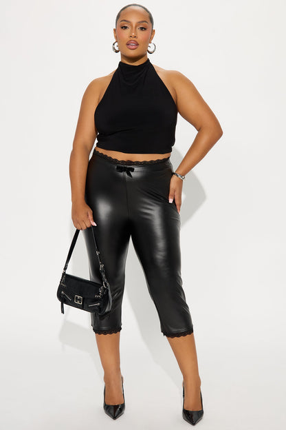 Valentina Faux Leather Lace Trim Capri Legging - Black