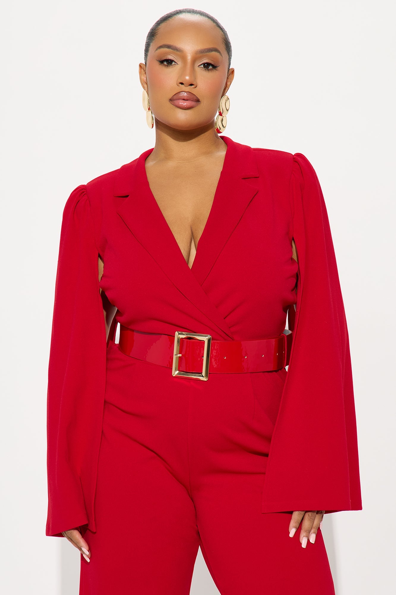 Ceo Vibes Cape Sleeve Belted Jumpsuit - Red