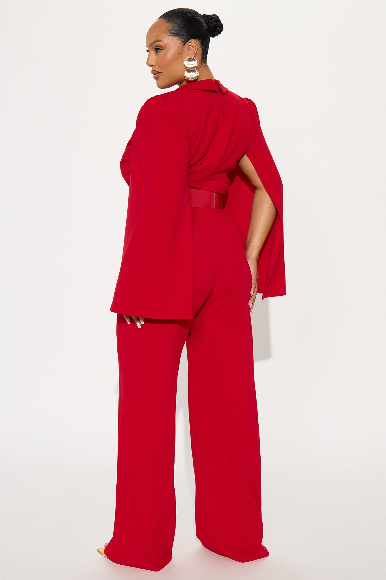 Ceo Vibes Cape Sleeve Belted Jumpsuit - Red