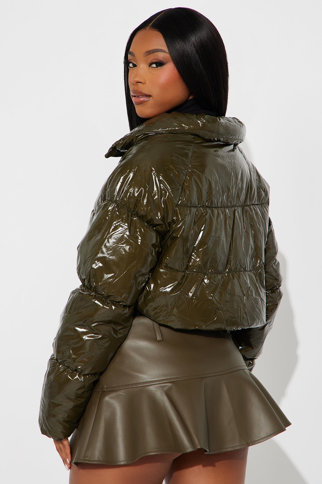 Zora Faux Patent Leather Cropped Puffer Jacket - Olive