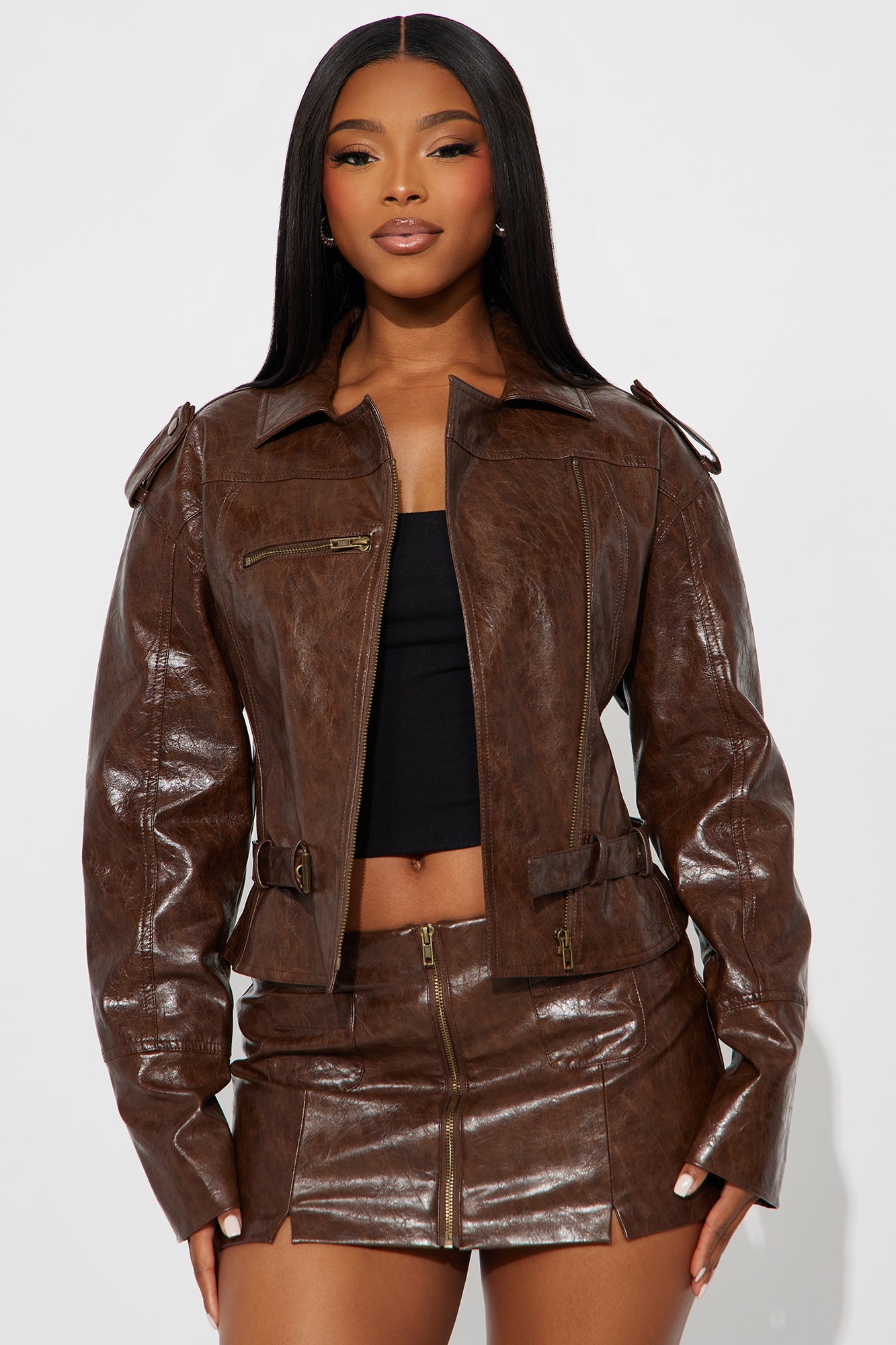 Denise Faux Leather Moto Jacket - Brown