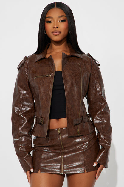 Denise Faux Leather Moto Jacket - Brown