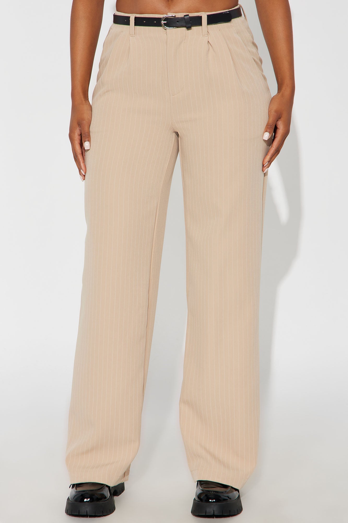 Make A Statement Belted Pinstripe Trouser Pant 31.5 - Beige