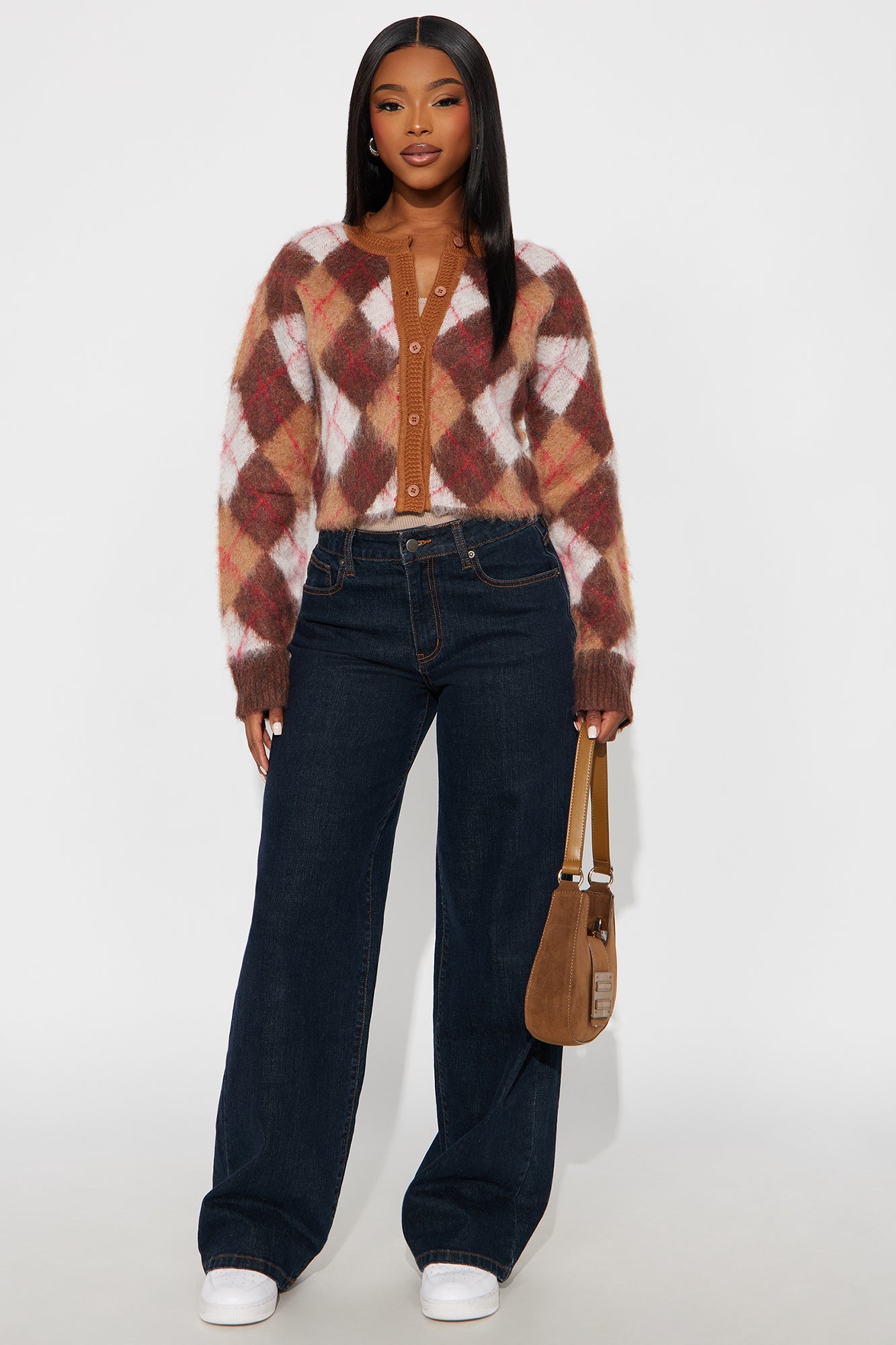 Argyle Babe Fuzzy Cardigan - Taupe/combo