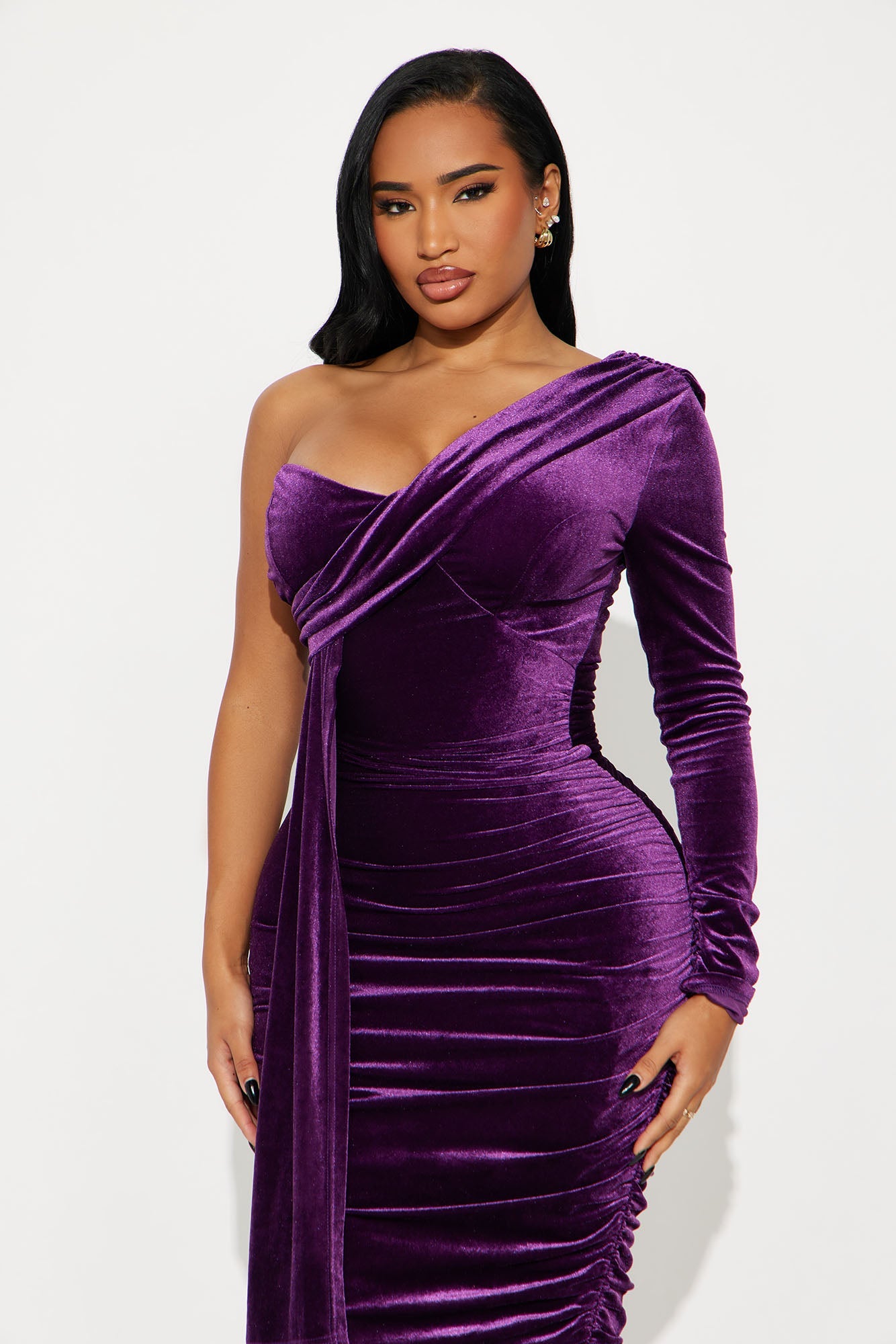 Darla Draped Velvet Midi Dress - Plum