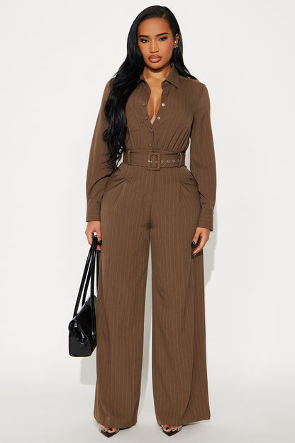 Important Thoughts Pinstripe Jumpsuit - Brown