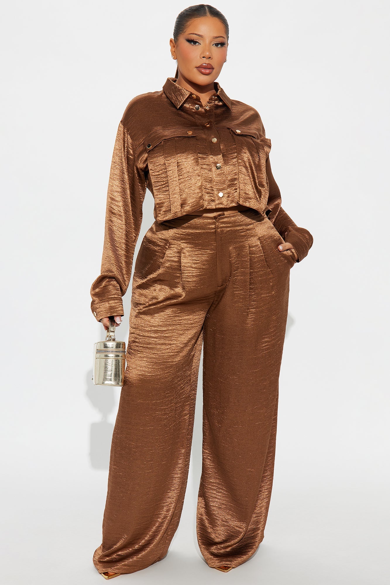 Hailey Satin Long Sleeve Pant Set - Bronze