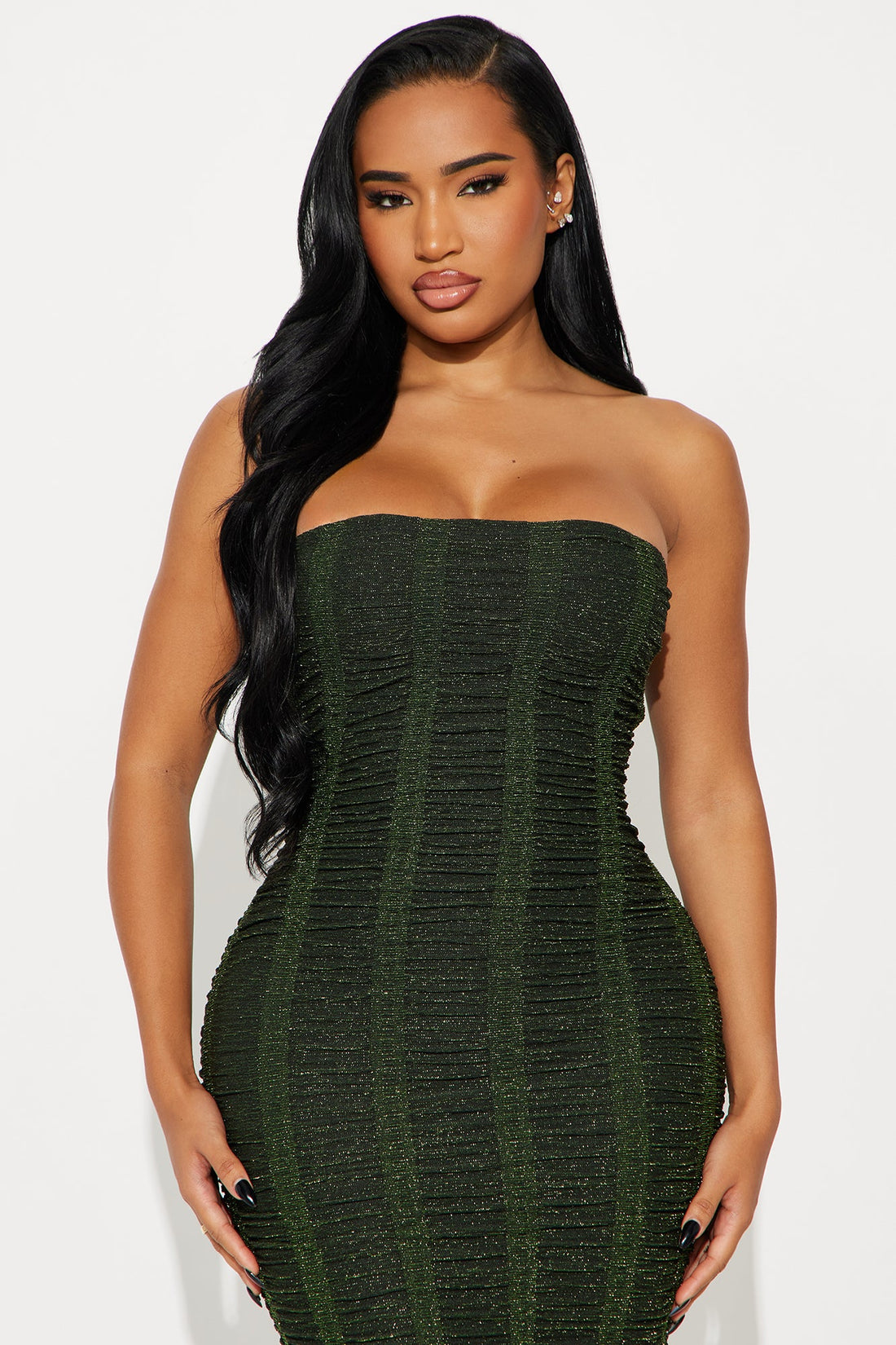 Matrix Strapless Metallic Midi Dress - Green