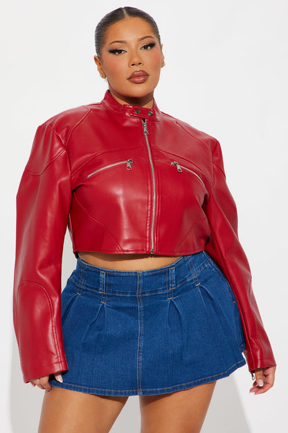 Mina Cropped Faux Leather Moto Jacket - Red