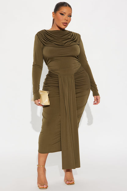 Throwing A Fit Draped Midi Dress - Olive