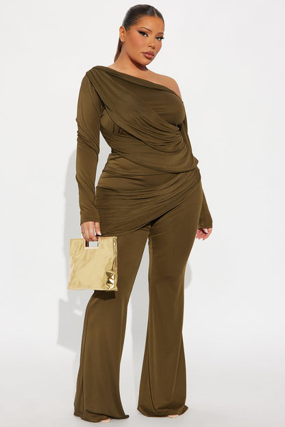 Evelyn One Shoulder Draped Pant Set - Olive