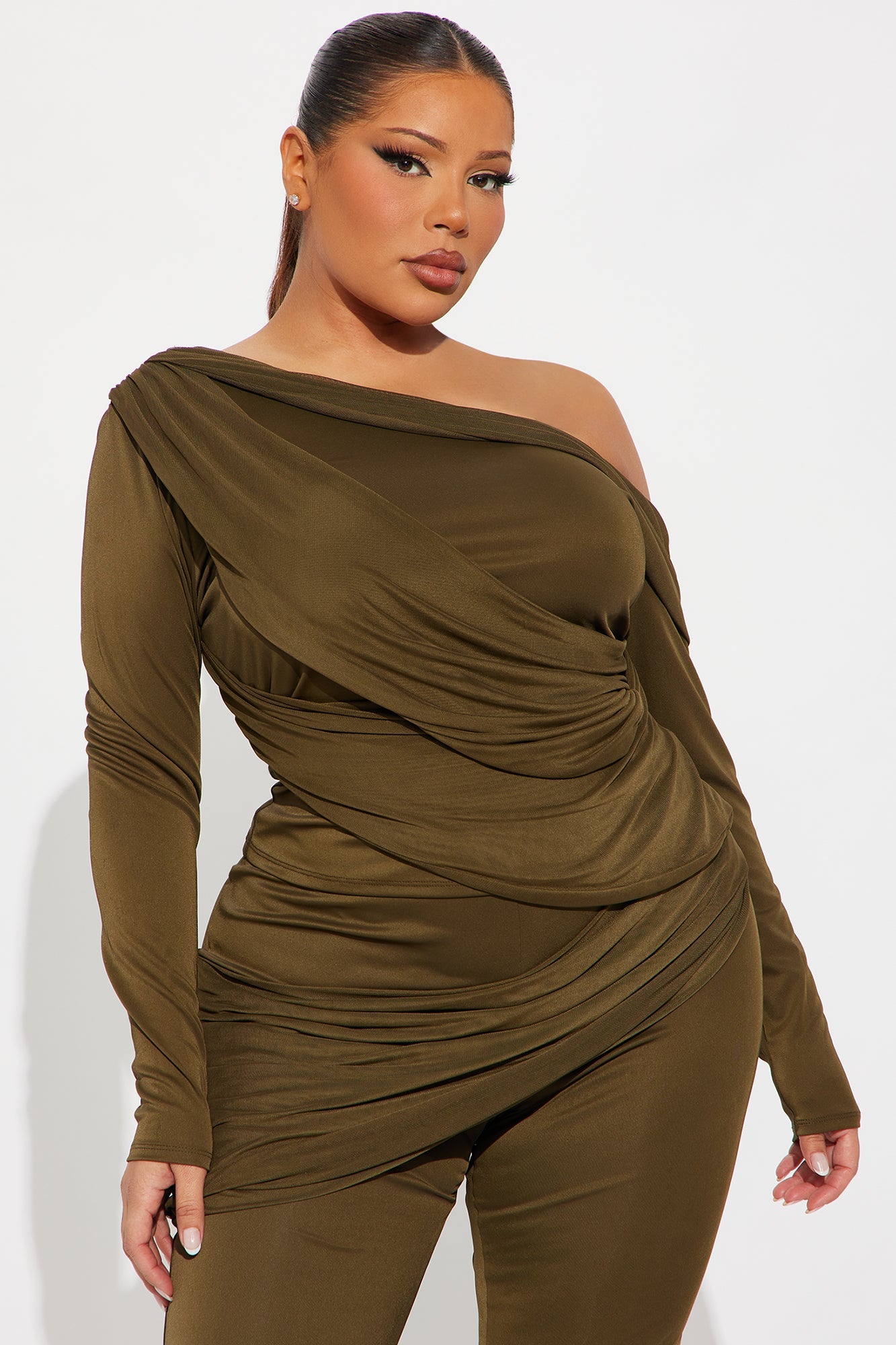 Evelyn One Shoulder Draped Pant Set - Olive