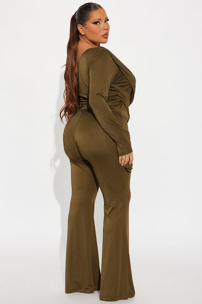 Evelyn One Shoulder Draped Pant Set - Olive