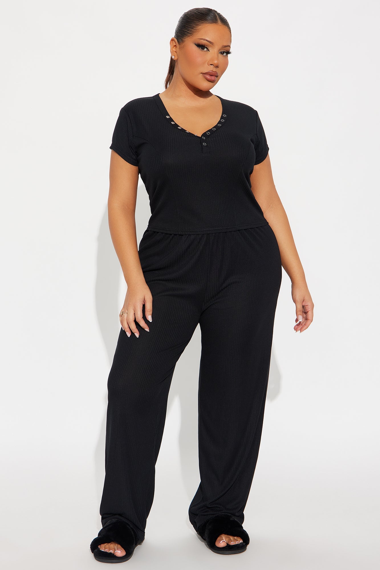 Dreaming Of You Ribbed Henley PJ Pant Set - Black