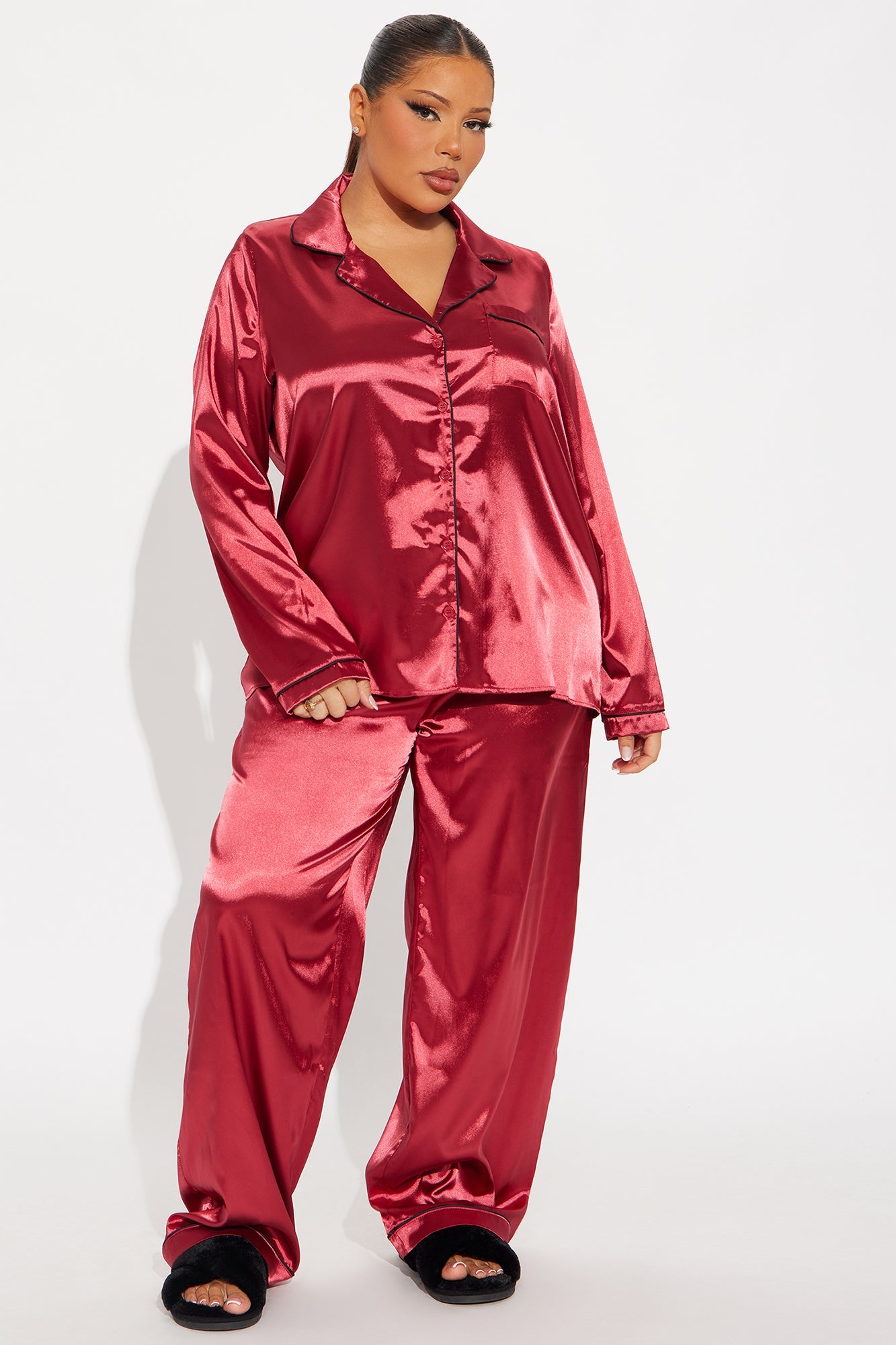 Bedtime Stretch Satin Long Sleeve PJ Pant Set - DarkRed