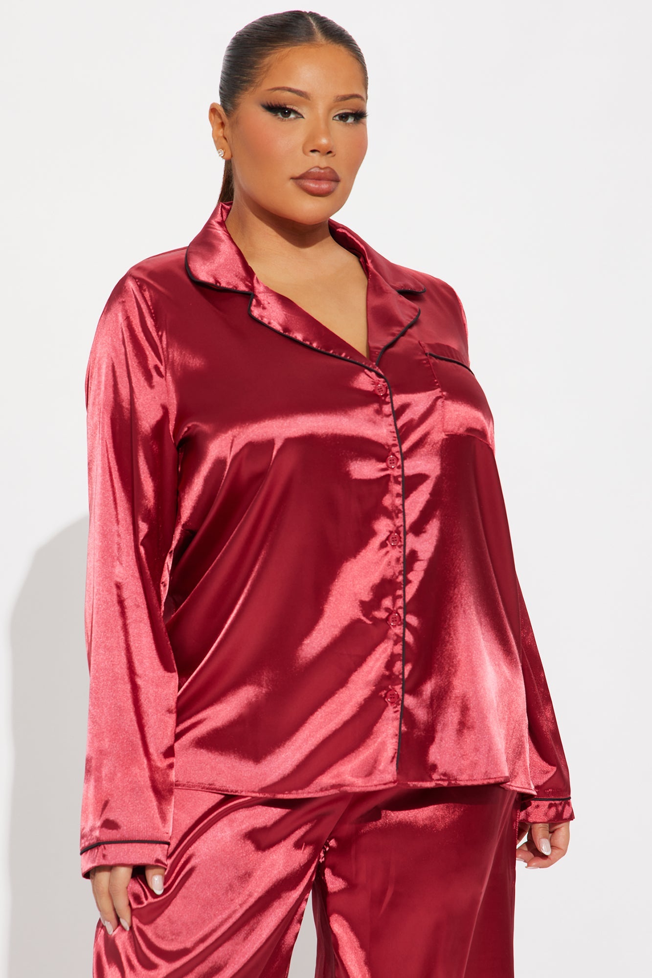 Bedtime Stretch Satin Long Sleeve PJ Pant Set - DarkRed