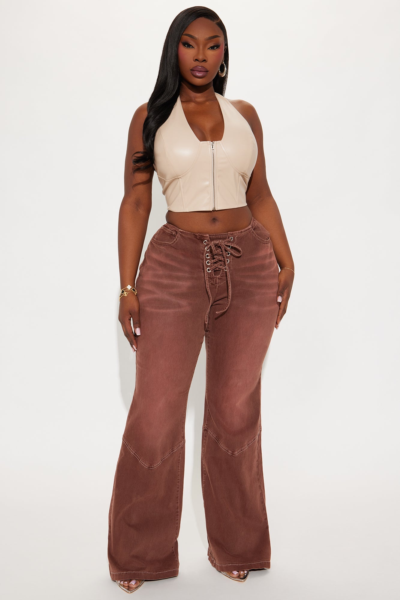 Born To Ride Lace Up Low Rise Flare Jeans - Brown