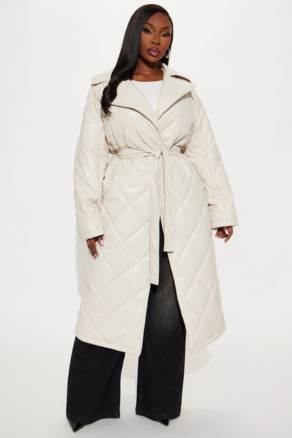 Fabiola Quilted Faux Leather Trench Coat - Stone