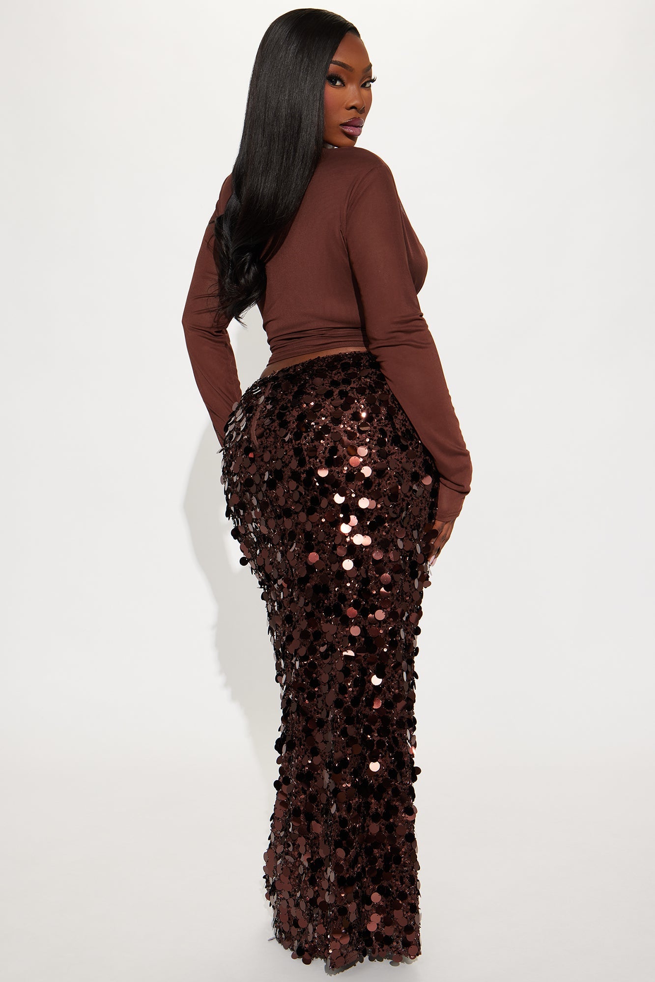 Sundown Soiree Sequin Maxi Skirt Set - Chocolate