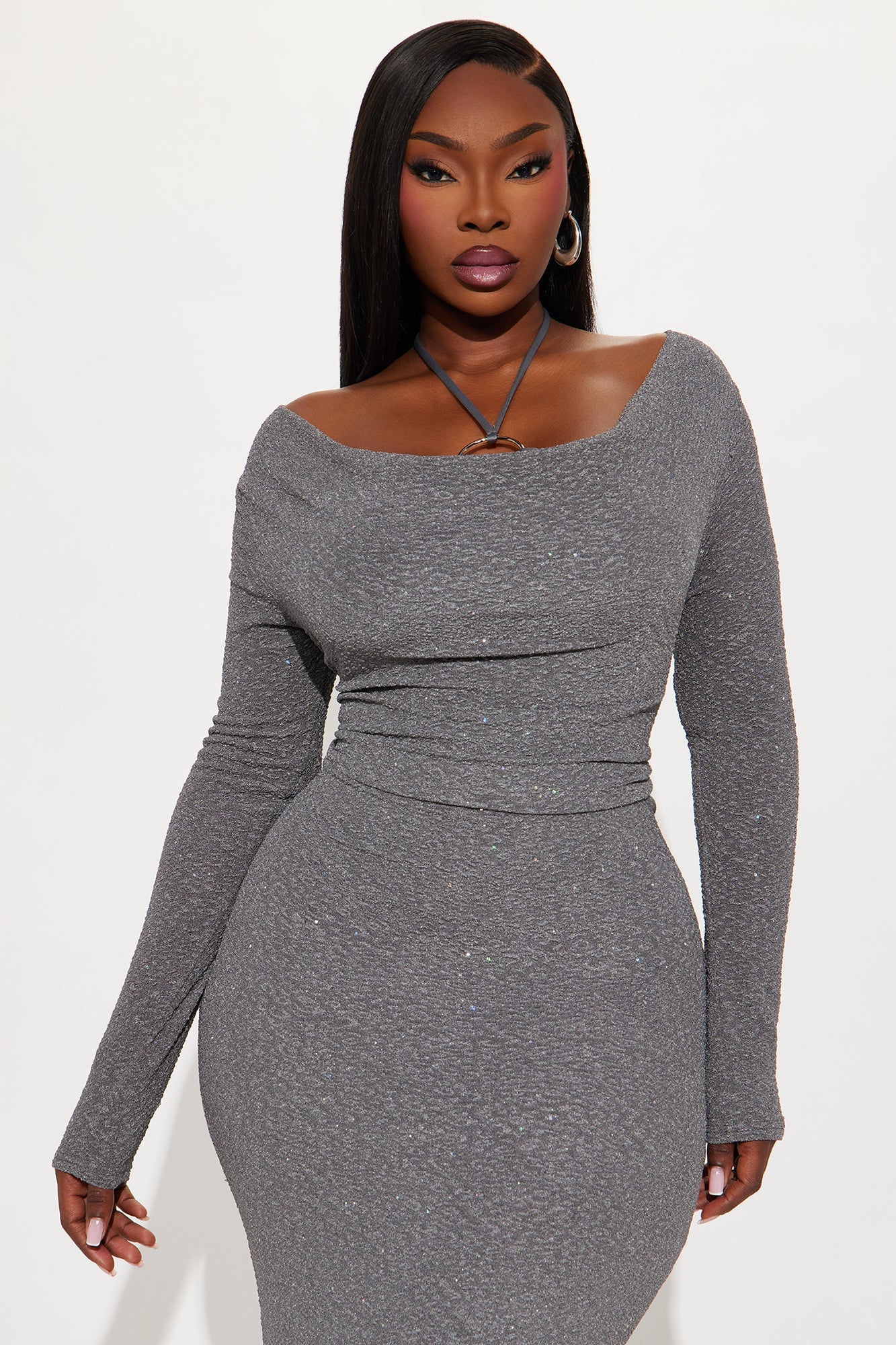On Scene Textured Glitter Maxi Dress - Dark Grey