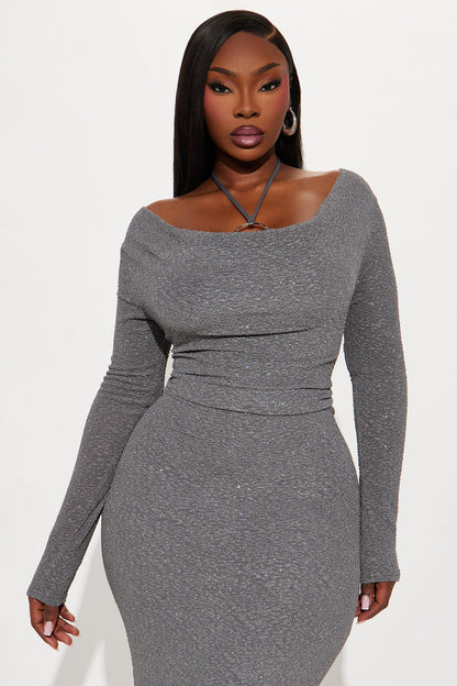 On Scene Textured Glitter Maxi Dress - Dark Grey