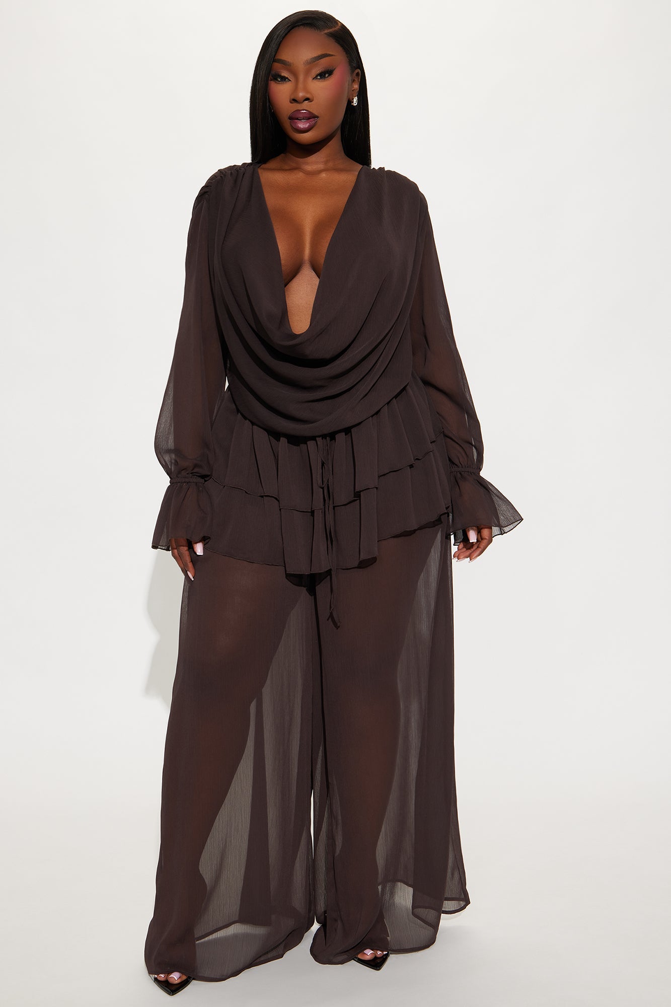 Romantic Night Ruffle Pant Set - Chocolate