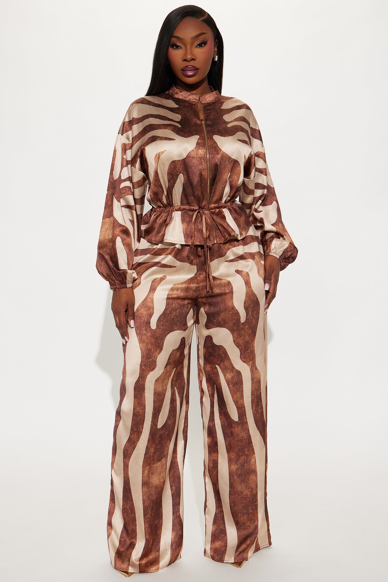 Tiana Satin Pant Set - Brown/combo