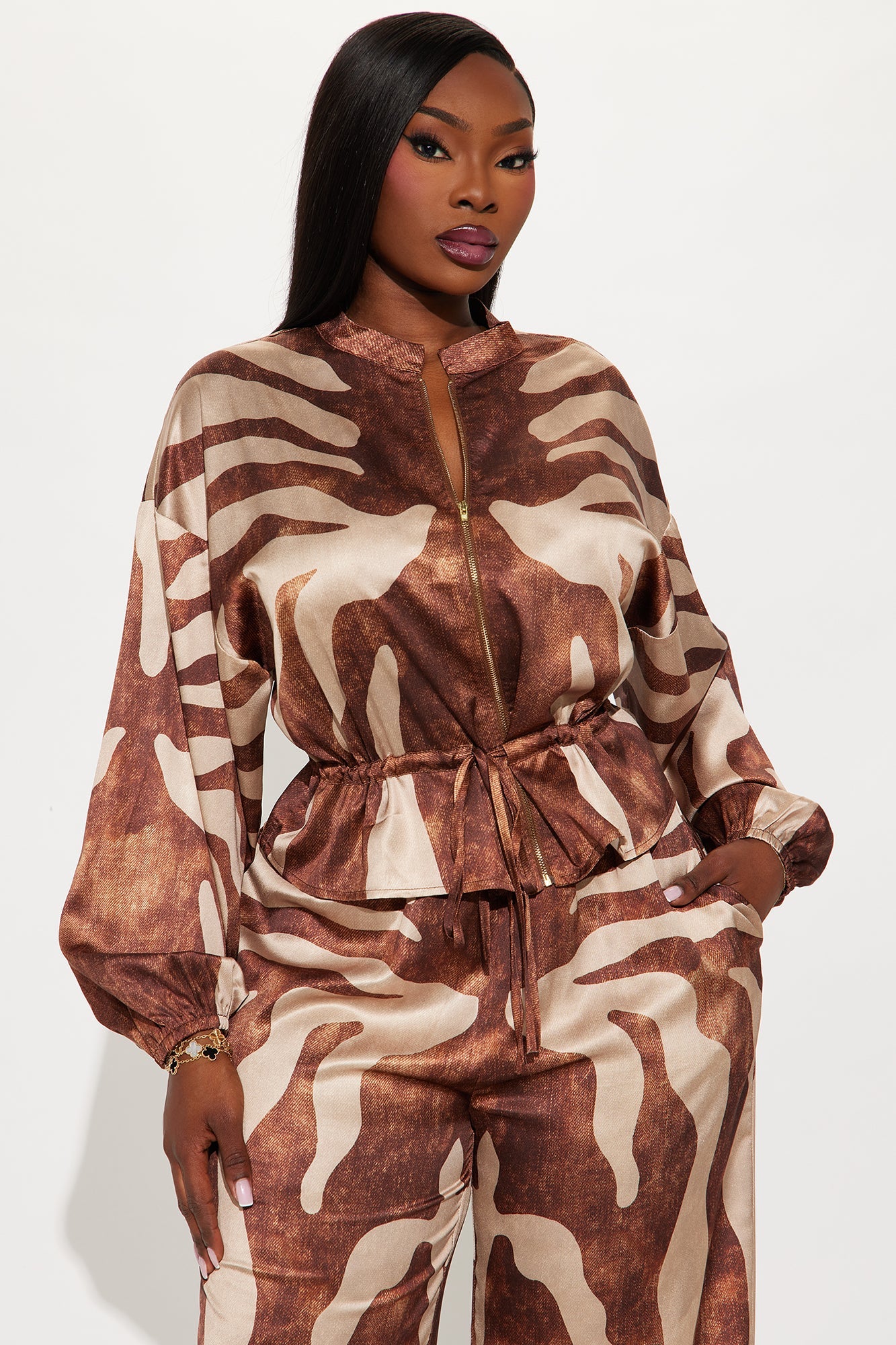Tiana Satin Pant Set - Brown/combo