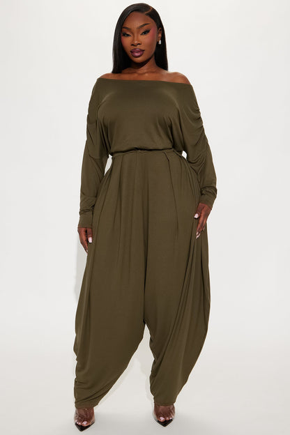 Jessie Balloon Leg Off Shoulder Jumpsuit - Olive