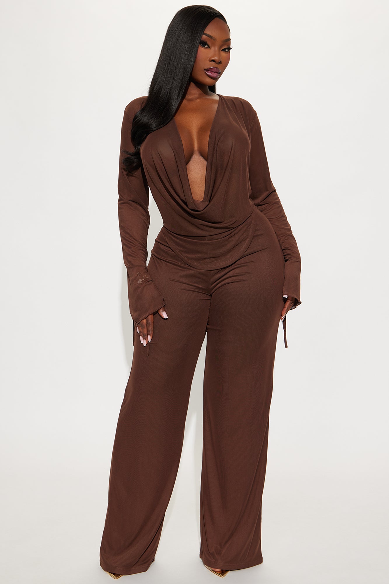 Silent Muse Cowl Neck Mesh Pant Set - Chocolate