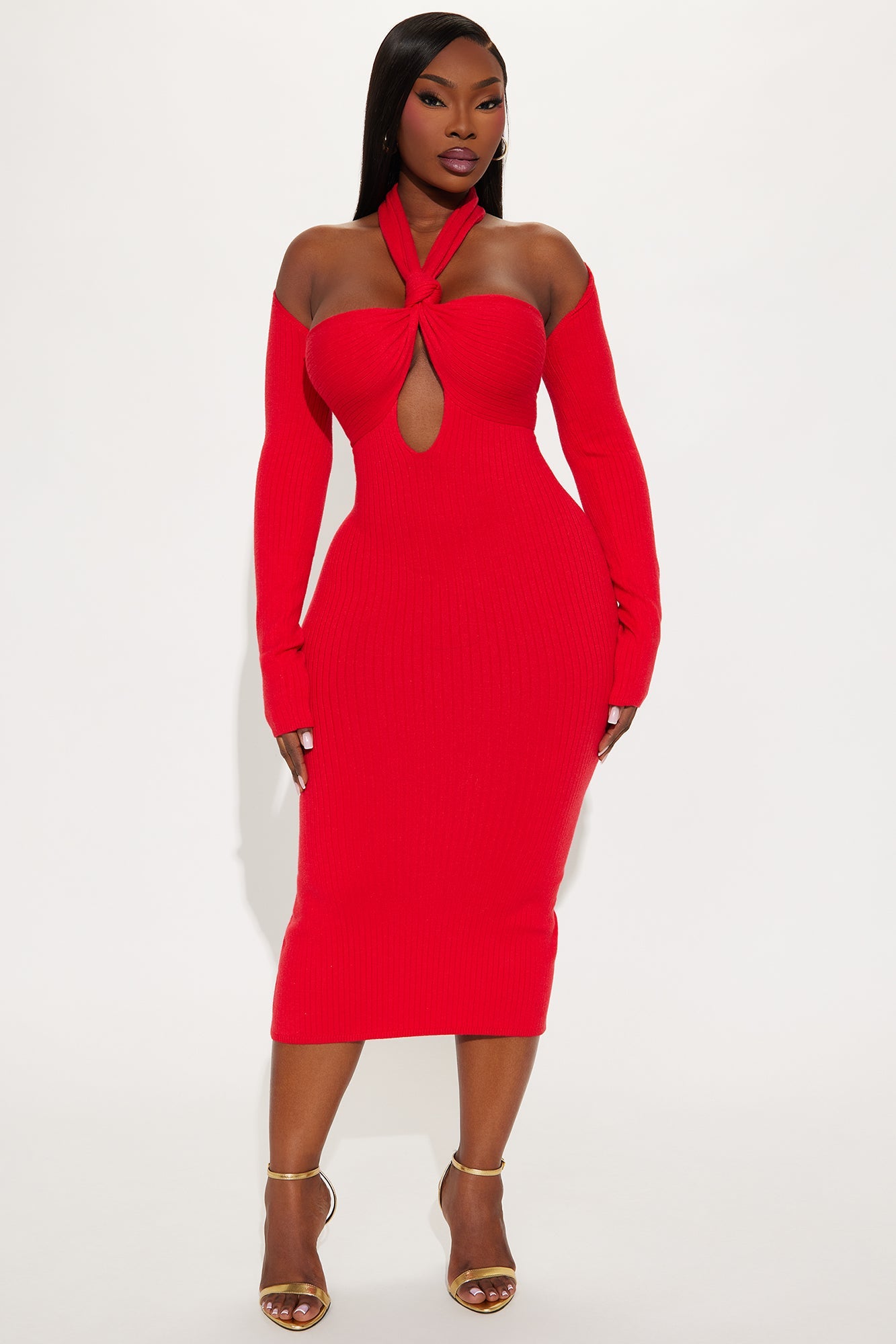 Liana Knot Sweater Midi Dress - Red