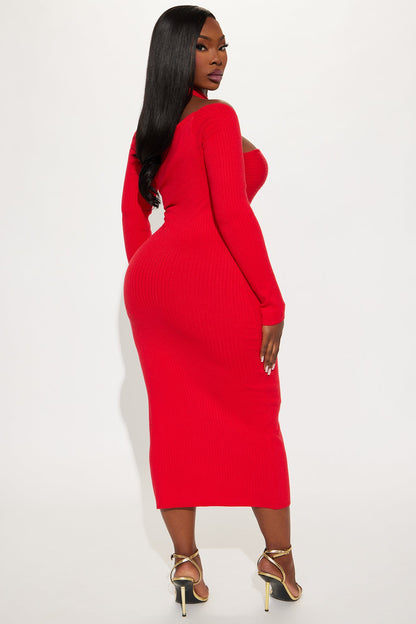 Liana Knot Sweater Midi Dress - Red