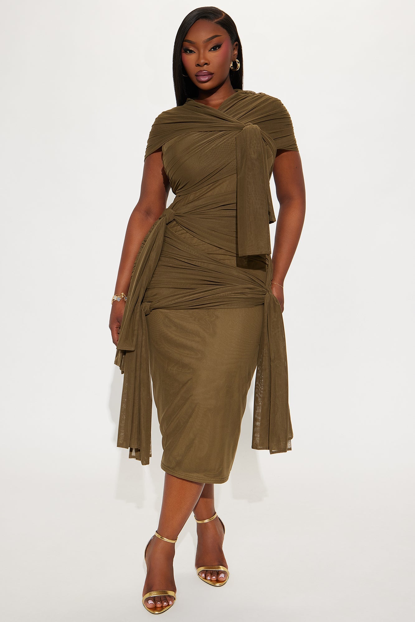 Darcy Draped Mesh Midi Dress - Olive