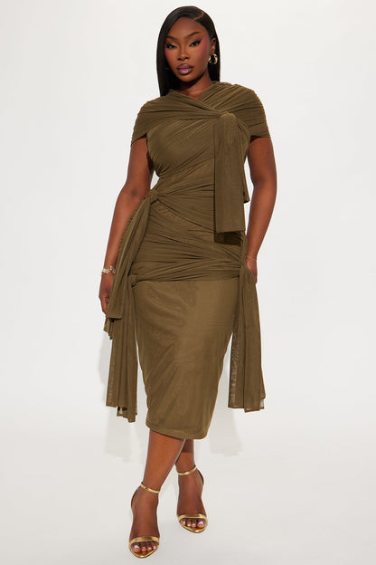 Darcy Draped Mesh Midi Dress - Olive