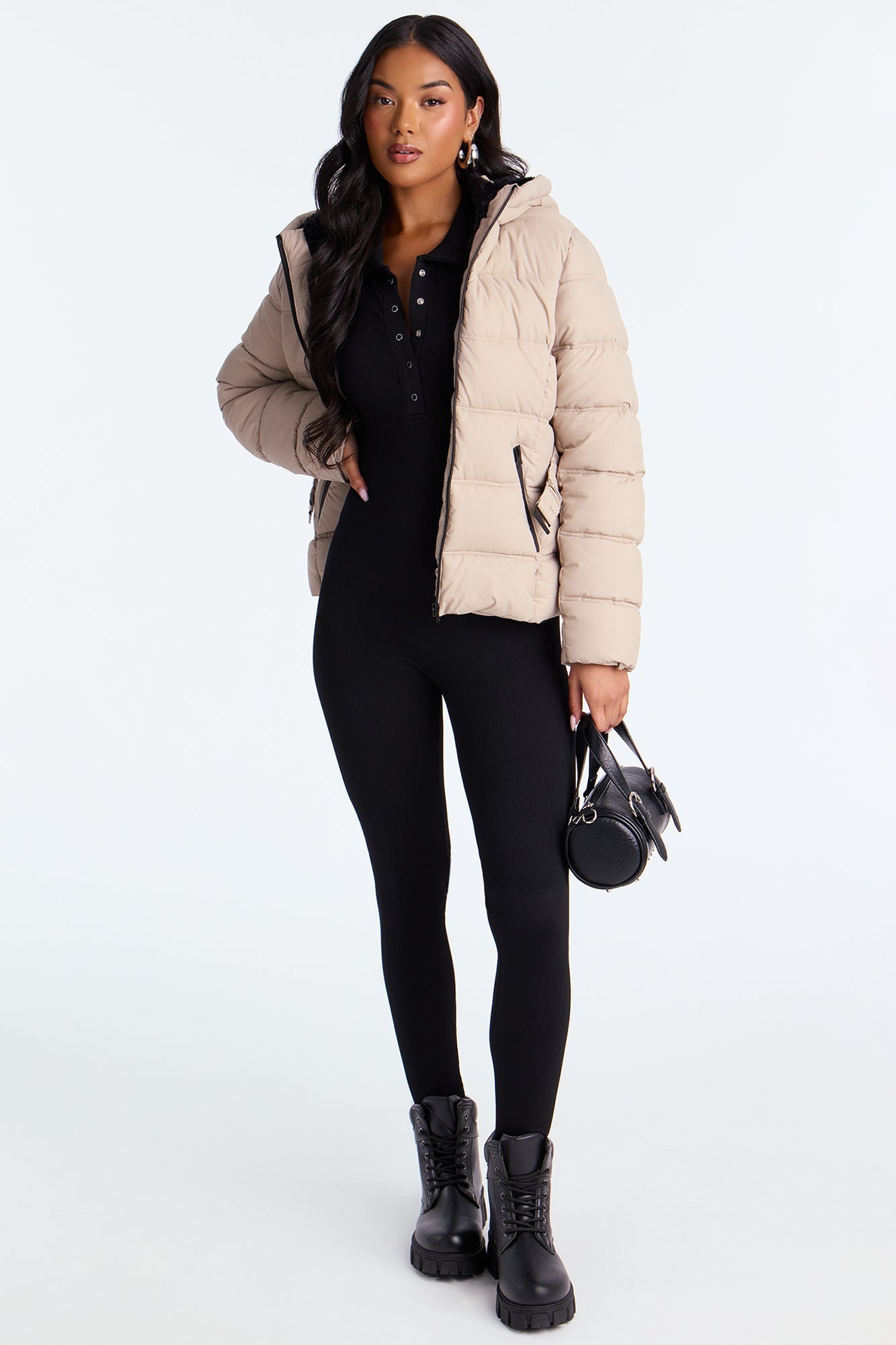 Bundled Up Belted Puffer Coat - Taupe
